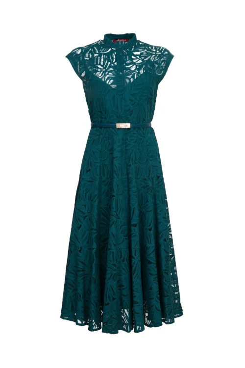 MAX MARA STUDIO: Flared lace green dress KABUKI with floral accents