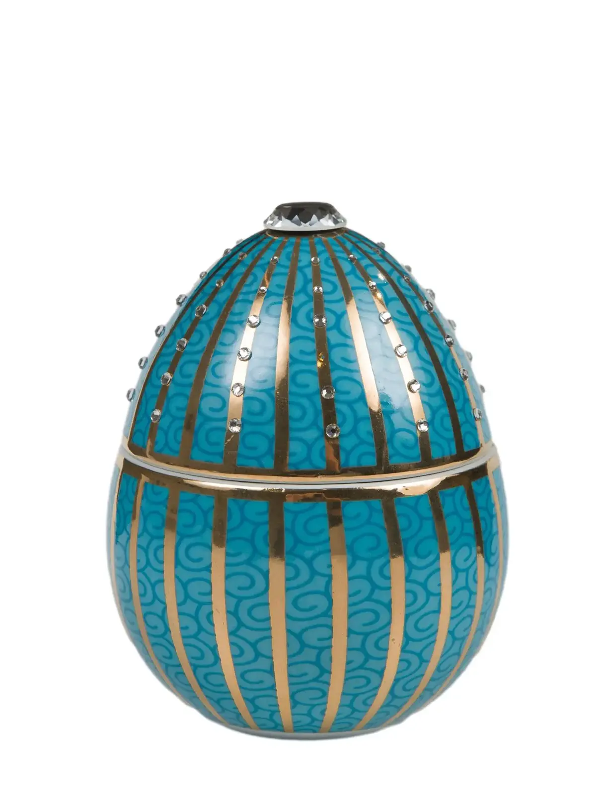 LADENAC: Scented candle in an egg-shaped form, blue with golden stripes and pearls