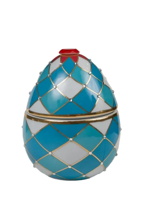 LADENAC: Scented candle in an egg-shaped form, blue and white harlequin design