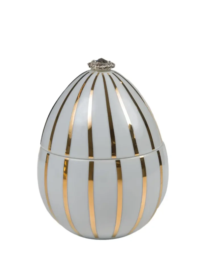 LADENAC: Scented candle in an egg-shaped form, white with golden stripes, 220 g