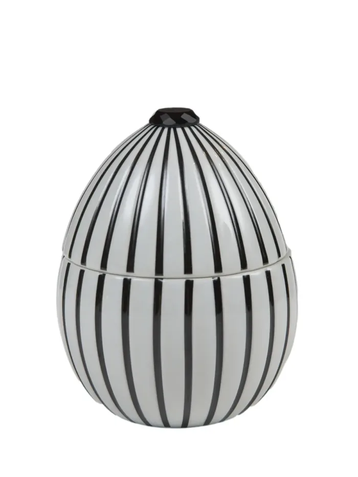 LADENAC: Scented candle in an egg-shaped form, white with black stripes