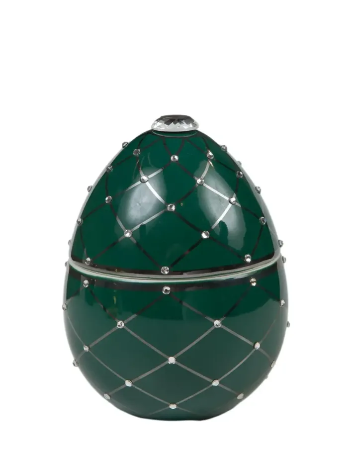 LADENAC: Scented candle in an egg-shaped form, dark green with silver stripes