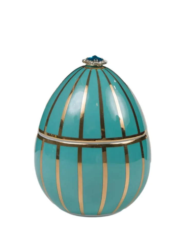 LADENAC: Scented candle in an egg-shaped form, turquoise with golden stripes